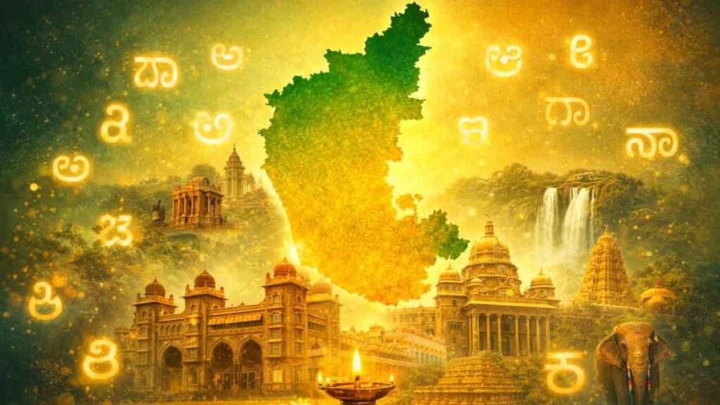 ಹಸಿರು–ಹಳದಿ ಗ್ರೇಡಿಯಂಟ್ನಲ್ಲಿ ಹೊಳೆಯುವ ಕರ್ನಾಟಕದ ನಕ್ಷೆ, ಸುತ್ತಲೂ ಪ್ರಕಾಶಮಾನ ಕನ್ನಡ ಅಕ್ಷರಗಳೊಂದಿಗೆ ಕನ್ನಡದ ಪ್ರಾಮುಖ್ಯತೆ ಯನ್ನು ಪ್ರತಿಬಿಂಬಿಸುವ ಸಾಂಸ್ಕೃತಿಕ ಚಿತ್ರ.