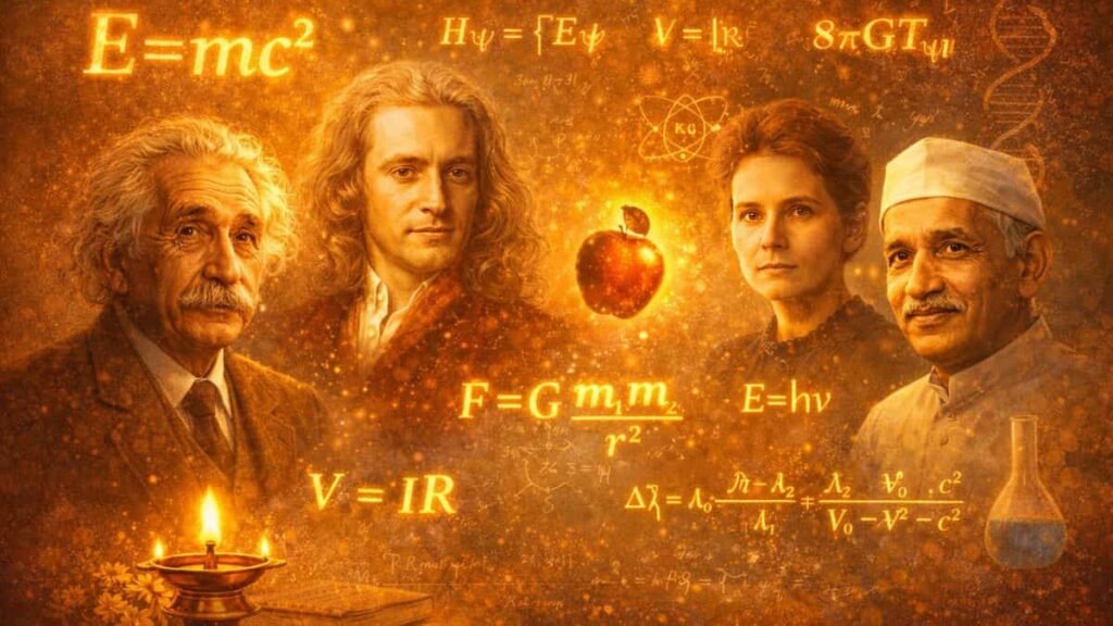 ಐನ್ಸ್ಟೈನ್ನ E=mc², ನ್ಯೂಟನ್ನ ಸೇಬು ಮತ್ತು ವಿವಿಧ ಮಹಾನ್ ವಿಜ್ಞಾನಿಗಳ ಸೂತ್ರಗಳೊಂದಿಗೆ ವಿಜ್ಞಾನವು ಮಾತೃಭಾಷೆಯಲ್ಲಿ ಬೆಳೆದಾಗ ಉಂಟಾಗುವ ಕನ್ನಡದ ಪ್ರಾಮುಖ್ಯತೆ ಯನ್ನು ಪ್ರತಿಬಿಂಬಿಸುವ ಸೃಜನಾತ್ಮಕ ಚಿತ್ರ.